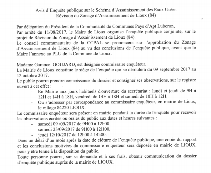 Avis d'enquête Lioux